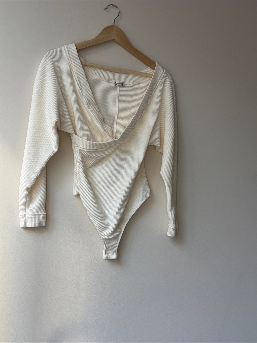Free People Cream Wrap V-Neck Bodysuit Sweater